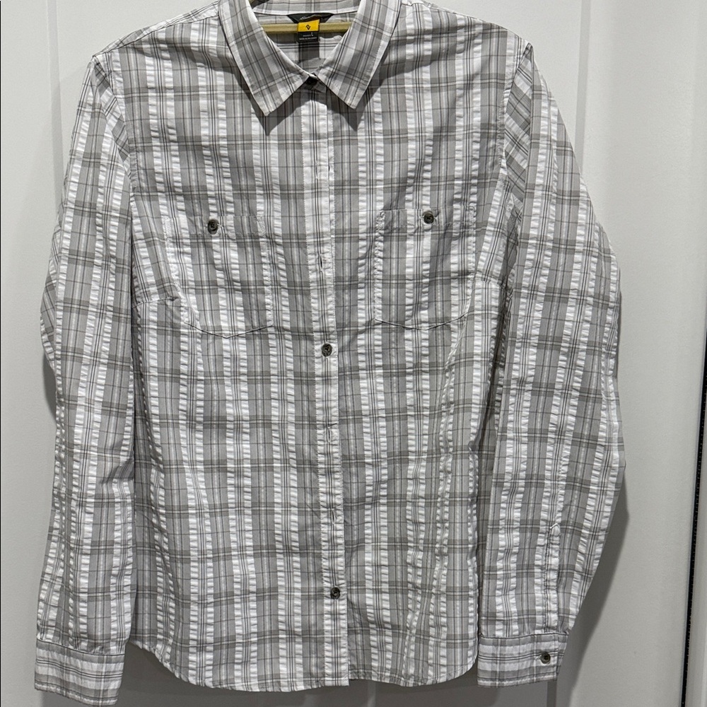 Eddie Bauer Gray Plaid Button-Up Shirt with Yellow Size Tab